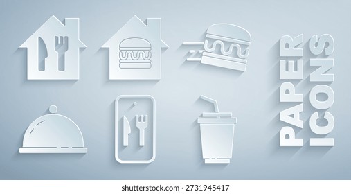 Set Pedidos en línea y entrega, hamburguesa, cubierto con bandeja de alimentos, papel de vidrio, agua e icono. Vector