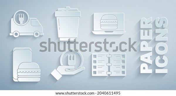 Set Online\
ordering and delivery, burger, Restaurant cafe menu, Coffee cup to\
go and Fast by car icon.\
Vector