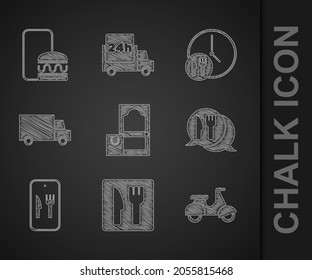 Set Online Pedidos y entrega, Cafe restaurant location, Scooter, Fast by car, Round the clock and icon. Vector