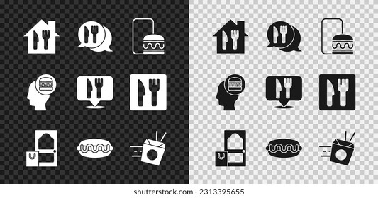 Set Online ordering and delivery, Cafe restaurant location, Hotdog sandwich, noodles,  and  icon. Vector