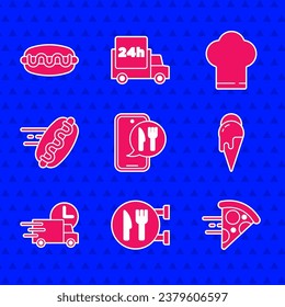 Set Online ordering and delivery, Cafe restaurant location, pizza, Ice cream, Fast by car, hotdog, Chef hat and Hotdog sandwich icon. Vector