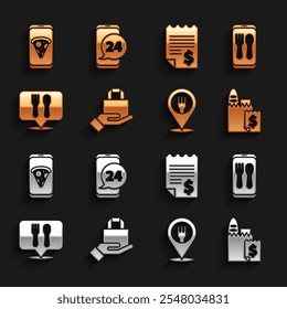Set Online ordering and delivery, Cafe restaurant location, Paper financial check, Food pizza and  icon. Vector