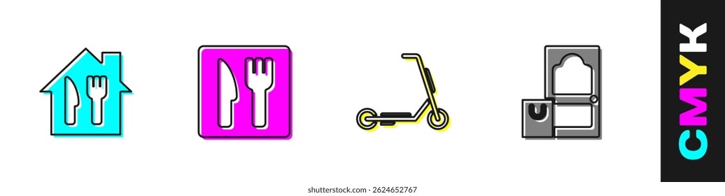 Set Online ordering and delivery, Cafe restaurant location, Scooter and  icon. Vector