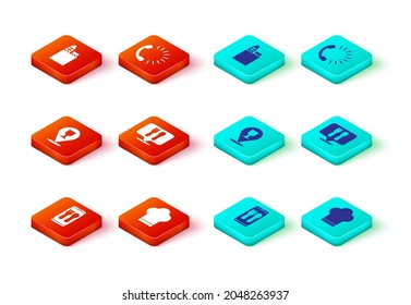 Set Online Pedidos y entrega, sombrero de chef, ubicación de la barra de cerveza Alcohol, restaurante Cafe, Icono de comida de bolsos de comida y compras. Vector