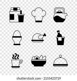 Set Online ordering and delivery, Chef hat, Kettle with handle, Coffee cup, Nachos plate, Covered tray, Chicken egg on stand and Roasted turkey chicken icon. Vector