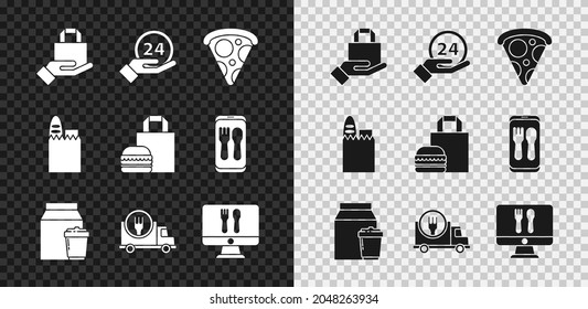 Set Online ordering and delivery, Clock 24 hours, Slice of pizza, Fast by car, Shopping bag food and burger icon. Vector