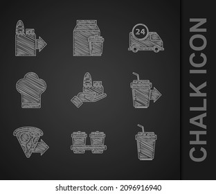 Set Online ordering and delivery, Coffee cup to go, pizza, Chef hat, Fast by car and  icon. Vector