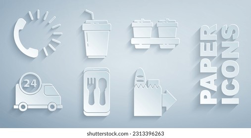 Set Online ordering and delivery, Coffee cup to go, Fast by car,  and Food icon. Vector