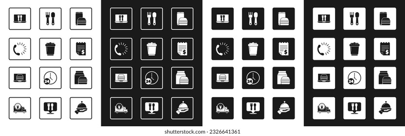 Set Online ordering and delivery, Coffee cup to go, Food, Paper financial check, Fork spoon, burger and  icon. Vector