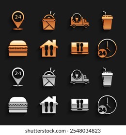 Set Online ordering and delivery, Coffee cup to go, Clock 24 hours, Burger, Fast by car, Round the clock and Asian noodles chopsticks icon. Vector