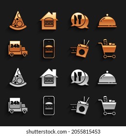 Set Online ordering and delivery, Covered with tray of food, Shopping cart, noodles, Fast by, Cafe restaurant location, Slice pizza and  icon. Vector