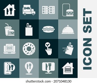 Set Online ordering and delivery, Covered with tray of food, Restaurant cafe menu, Paper glass burger,  and Hotdog sandwich icon. Vector