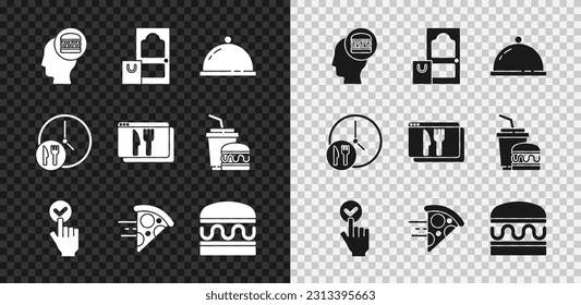 Set Online ordering and delivery, Covered with tray of food, pizza, Burger, Round the clock and  icon. Vector