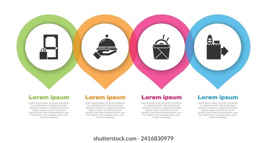 Set Online Pedidos y entrega, Cubierto con una bandeja de comida, fideos y palillos asiáticos y pedidos y entrega online. Plantilla de infografía empresarial. Vector