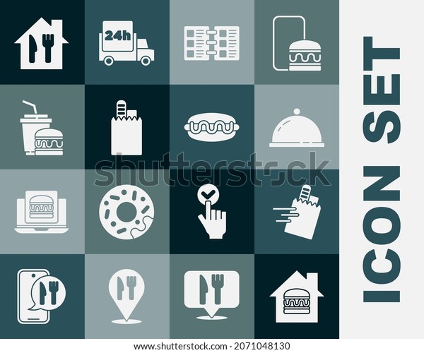 Set Online ordering and delivery, Covered with\
tray of food, Restaurant cafe menu, Paper glass burger,  and Hotdog\
sandwich icon. Vector