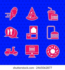 Set Online ordering and delivery, Donut, Scooter, Cafe restaurant location, Paper glass burger and ice cream icon. Vector