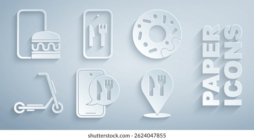 Set Online ordering and delivery, Donut, Scooter, Cafe restaurant location,  and  icon. Vector