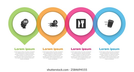 Set Online ordering and delivery, Fast by car, Cafe restaurant location and Coffee cup to go. Business infographic template. Vector