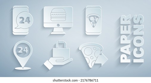Set Online ordering and delivery, Food pizza, Round the clock,  and  icon. Vector