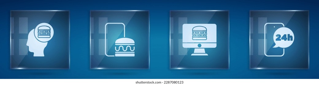 Set Online ordering and delivery, ,  and Food. Square glass panels. Vector