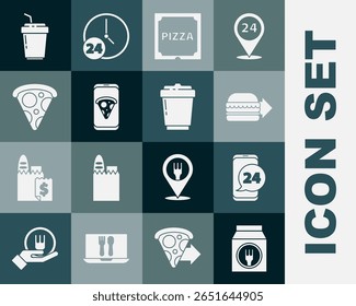 Set Online ordering and delivery, Food, burger, Pizza cardboard box, pizza, Slice of, Coffee cup to go and  icon. Vector