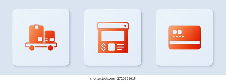 Establecer pedidos y entregas en línea, cajas de camión de mano y tarjeta de crédito. Botón cuadrado blanco. Vector