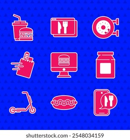 Set Pedidos en línea y entrega, Hotdog sandwich, Scooter, Donut y papel icono de hamburguesa de vidrio. Vector
