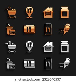 Set Online ordering and delivery, ice cream, Paper glass burger, Shopping cart food and Cafe restaurant location icon. Vector