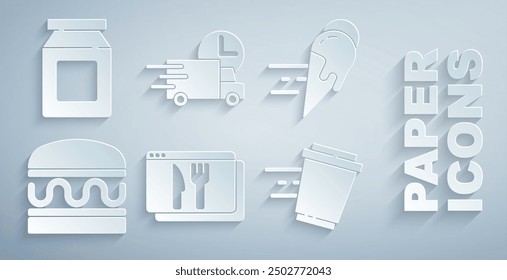 Set Online ordering and delivery, ice cream, Burger, Coffee cup to go, Fast by car and  icon. Vector