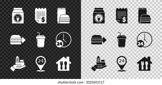 Set Online ordering and delivery, Paper financial check, Round the clock, burger and Coffee cup to go icon. Vector