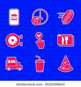 Set Online ordering and delivery, Paper glass with water, Slice of pizza, Fast by car, Donut, hotdog and  icon. Vector