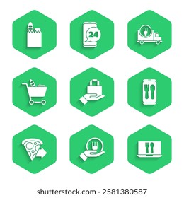 Set Online ordering and delivery, pizza, Shopping cart food, Fast by and bag icon. Vector