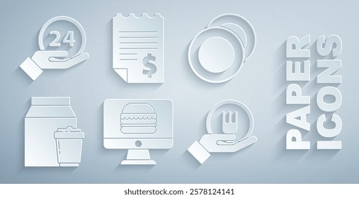 Set Online ordering and delivery, Plate, Paper financial check and Clock 24 hours icon. Vector