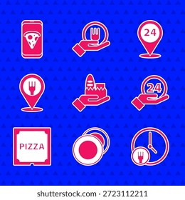 Set Pedidos en línea y entrega, Plato, Todo el día, Reloj 24 horas, Caja de cartón de pizza, Café restaurante ubicación, y el icono de la pizza de comida. Vector