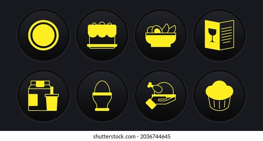Set Online ordering and delivery, Restaurant cafe menu, Chicken egg on stand, Roasted turkey chicken, Nachos plate, Cake, Cupcake and Plate icon. Vector