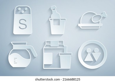 Set Online Pedidos y entrega, Pollo de pavo tostado, Café, Toilet, cubo de hielo de champán e icono de Sal. Vector