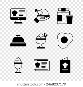 Set Online ordering and delivery, Roasted turkey chicken, Ice cream bowl, Cookbook, Hotel service bell and  icon. Vector