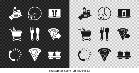Definir Pedidos e entregas on-line, Redondo o relógio, Comida, Fatia de pizza, Xícara de café para ir, Comida do carrinho de compras e ícone da colher de garfo. Vetor