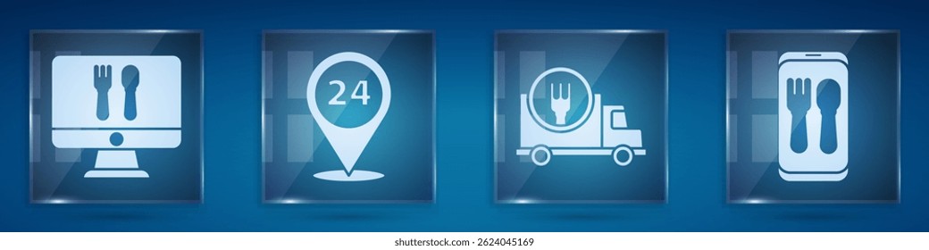 Set Online ordering and delivery, Round the clock delivery, Fast delivery by car and Online ordering and delivery. Square glass panels. Vector