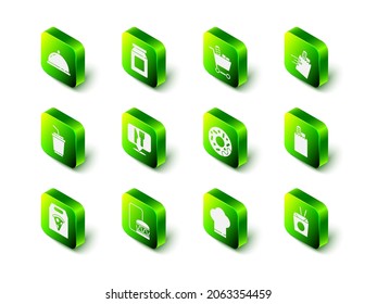 Ajuste pedidos y entregas en línea, Compra de alimentos para carritos, palillos de fideos asiáticos, Donut, sombrero de chef e icono. Vector