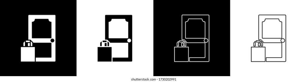 Establece el icono de pedido en línea y entrega de comida rápida aislado en fondo blanco y negro.  Ilustración vectorial