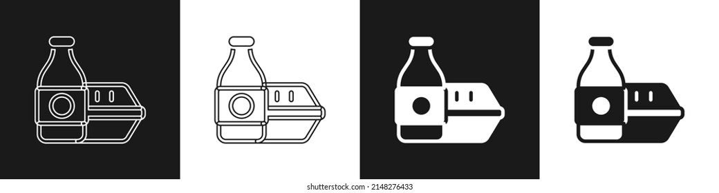 Establece el icono de pedido en línea y entrega de comida rápida aislado en fondo blanco y negro.  Vector
