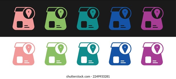 Establece el icono de pedido en línea y entrega de comida rápida aislado en fondo blanco y negro.  Vector