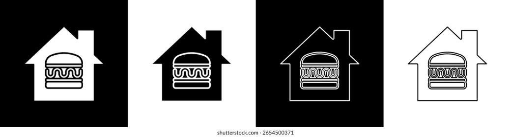 Conjunto de pedidos en línea y el icono de entrega de comida rápida aislado en fondo blanco y negro.  Vector