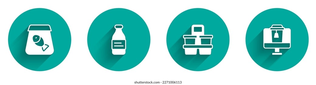 Set Online ordering fish, Bottle of water, Coffee cup to go and food icon with long shadow. Vector