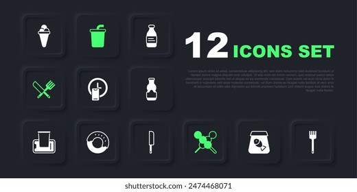 Set Online ordering fish, Fork, Round the clock delivery, Meatballs on wooden stick, Crossed knife and fork, Donut, Paper glass with water and Knife icon. Vector