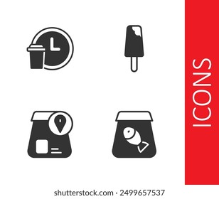 Set Online ordering fish, Round the clock delivery, food and Ice cream icon. Vector