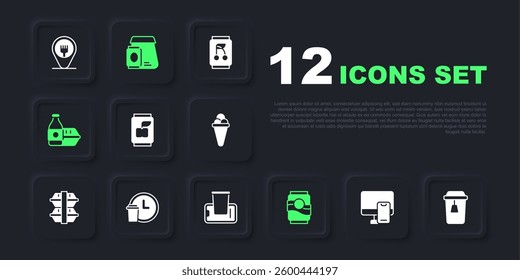 Set Online ordering food, Cup of tea, Soda can, Round the clock delivery,  and Food on mobile icon. Vector
