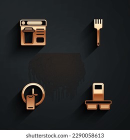 Set Online ordering food, Fork, Round the clock delivery and Coffee cup to go icon with long shadow. Vector