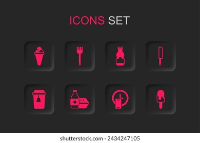 Set Online ordering food, Fork, Ice cream waffle, Round the clock delivery, Knife, Sauce bottle and Cup of tea icon. Vector